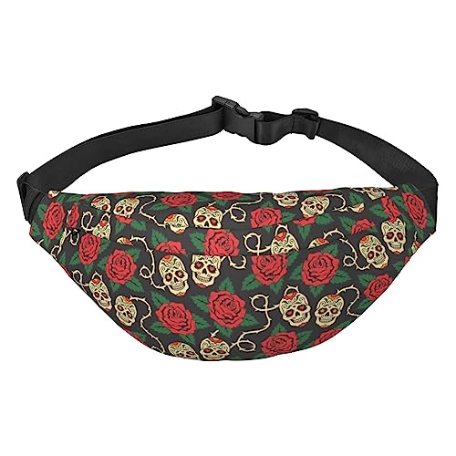 Bauchtasche mit Rosen- und Totenkopf-Motiv, leichte Hüfttasche für Damen und Herren, Gürteltasche, Reiseschlingtasche für Wandern, Laufen, Radfahren, Schwarz , Einheitsgröße, Lässiger Tagesrucksack von PEIXEN