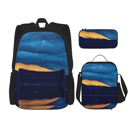 Berge Wolken See Reflexion Rucksack Set 3pcs mit Lunchtasche Federmäppchen Reise Daypack Lunch Bag Pencil Pouch Kombination, Schwarz , Einheitsgröße, Daypack Rucksäcke von PEIXEN