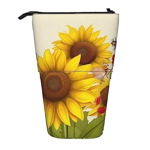 Bienen Sonnenblumen Gänseblümchen Rose Blumen Federmäppchen Teleskop Make-up Tasche Pop Up Büro Organizer Box Stehen Stifthalter Kosmetiktasche mit Reißverschluss, Schwarz , Einheitsgröße, Münzbeutel von PEIXEN