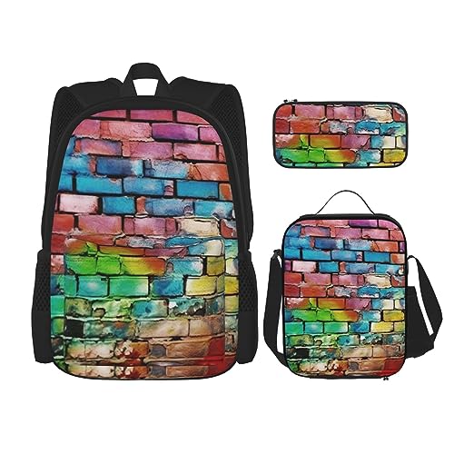 Bunte Backstein-Rucksack-Set, 3-teilig, mit Lunch-Tasche, Federmäppchen, Reise-Tagesrucksack, Lunchtasche, Bleistifttasche, Kombination, Schwarz , Einheitsgröße, Daypack Rucksäcke von PEIXEN