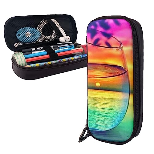 Bunte Glas Getränk Sonnenuntergang Bleistift Fall Große Kapazität Leder Bleistift Tasche Tragbare Bleistift Tasche mit Reißverschluss für Büro Organizer, Schwarz , Einheitsgröße von PEIXEN