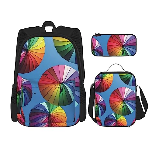 Bunte Regenschirm Rucksack Personalisierte Reisetasche Mit Mittagessen Tasche Federmäppchen Set von 3 Stück, Schwarz , Einheitsgröße, Daypack Rucksäcke von PEIXEN