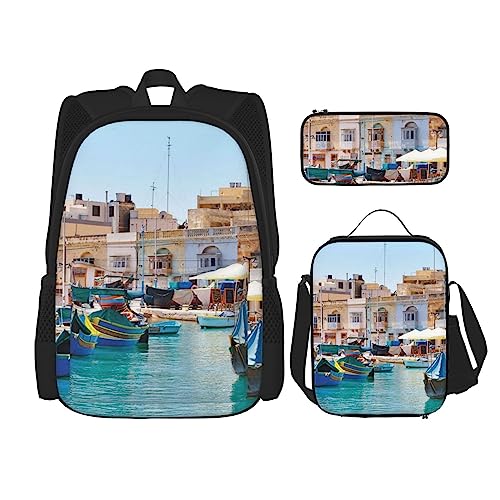 Coastal of Malta Rucksack Personalisierte Reisetasche mit Lunchtasche Federmäppchen Set von 3 Stück, Schwarz , Einheitsgröße, Daypack Rucksäcke von PEIXEN