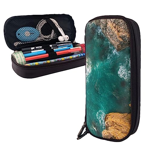 Cool Ocean Federmäppchen Große Kapazität Leder Bleistift Tasche Tragbare Bleistift Tasche mit Reißverschluss für Büro Organizer, Schwarz , Einheitsgröße von PEIXEN