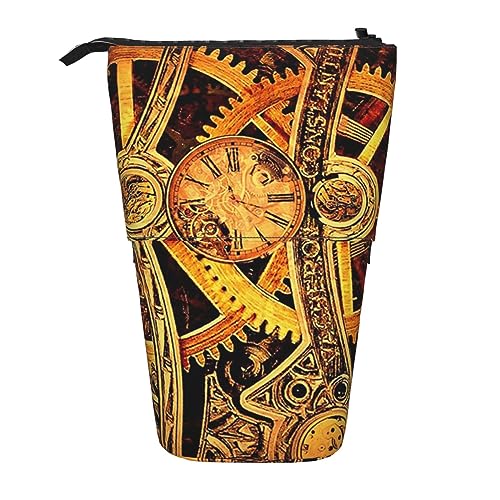 Cooles Steampunk Gears Print Federmäppchen Stehend Bleistift Tasche Teleskop Stifthalter Niedlich Bleistift Beutel Pop up Bleistift Box Kosmetiktasche für Frauen Männer, Schwarz , Einheitsgröße von PEIXEN