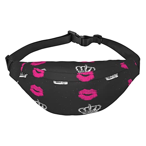 Crown and Lips Bauchtasche für Damen und Herren, wasserdichte Gürteltasche, modische Umhängetasche, Hüfttaschen, Pack für Reisen, Sport, Wandern, Schwarz, Einheitsgröße, Schwarz , Einheitsgröße von PEIXEN