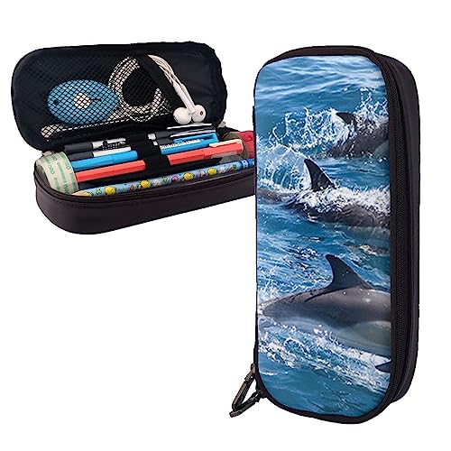 Delfine im Meer Federmäppchen Große Kapazität Leder Bleistift Tasche Tragbare Bleistift Tasche mit Reißverschluss für Büro Organizer, Schwarz , Einheitsgröße von PEIXEN