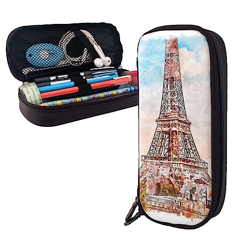 Eiffelturm Federmäppchen Große Kapazität Leder Bleistift Tasche Tragbare Bleistift Tasche mit Reißverschluss für Büro Organizer, Schwarz , Einheitsgröße von PEIXEN