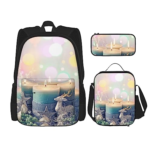 Frohe Weihnachten Kerze Rucksack Personalisierte Reisetasche Mit Mittagessen Tasche Federmäppchen Set von 3 Stück, Schwarz , Einheitsgröße, Daypack Rucksäcke von PEIXEN