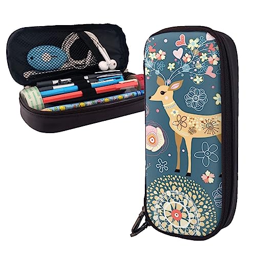 Hirsch-Muster Federmäppchen Große Kapazität Leder Bleistift Tasche Tragbare Bleistift Tasche mit Reißverschluss für Büro Organizer, Schwarz , Einheitsgröße von PEIXEN