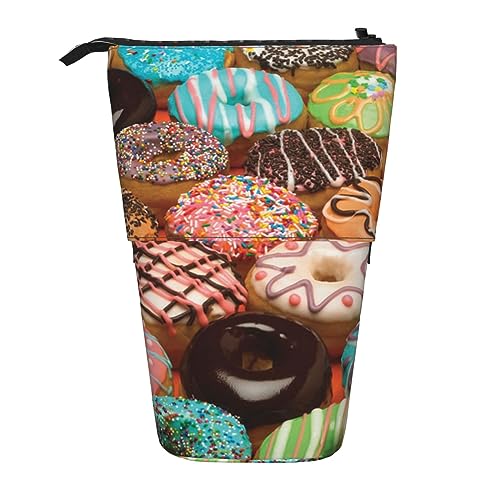 Köstliche Donut-Druck Bleistift Fall Stehend Bleistift Tasche Teleskop Stifthalter Niedlich Bleistift Beutel Pop up Bleistift Box Kosmetik Tasche für Frauen Männer, Schwarz , Einheitsgröße von PEIXEN