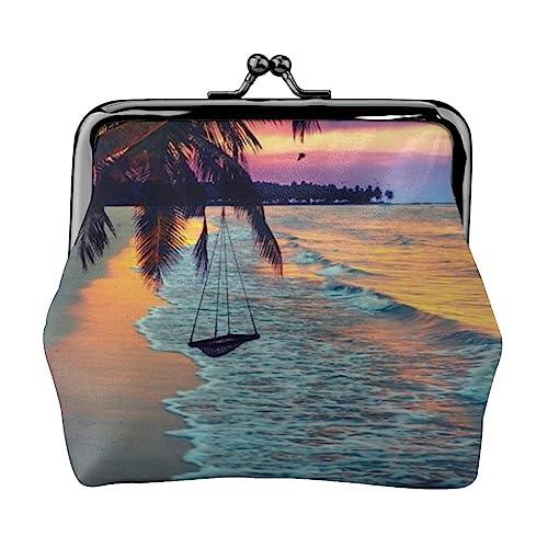 Kokosnuss Strand Sonnenuntergang Hängematte Münze Geldbörse Kuss Schloss Ändern Geldbörse Leder Kleingeld Pouch Kleine Frauen Brieftasche Tasche für Geschenke, Schwarz , Einheitsgröße, Münzbeutel von PEIXEN