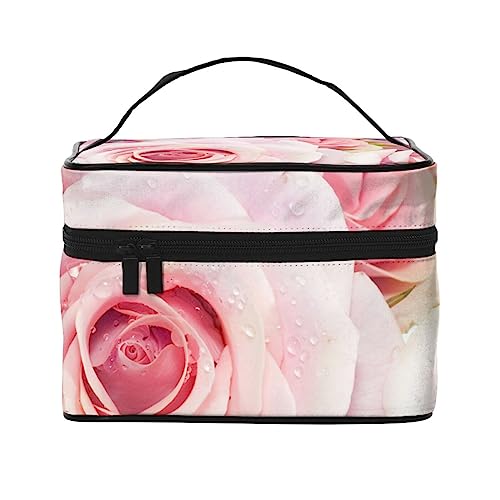 Kosmetiktasche mit rosafarbenen Pastellrosen, Kosmetiktasche, tragbar, Kulturbeutel, Aufbewahrung, Organizer, Reise-Make-up-Tasche für Frauen, Schwarz, Einheitsgröße, Schwarz , Einheitsgröße von PEIXEN