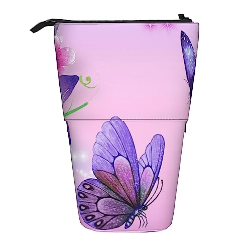 Lila Schmetterling Bleistift Fall Teleskop Make-up Tasche Pop Up Büro Organizer Box Stehen Stifthalter Kosmetik Tasche mit Reißverschluss, Schwarz , Einheitsgröße, Münzbeutel von PEIXEN