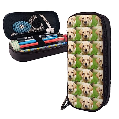 Nette Golden Retriever Welpen Bleistift Fall Große Kapazität Leder Bleistift Tasche Tragbare Bleistift Tasche mit Reißverschluss für Büro Organizer, Schwarz , Einheitsgröße, Reisen von PEIXEN