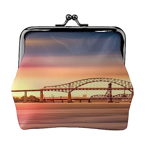 Newark Bay Bridge und Sonnenuntergang Münzbörse Kiss Lock Kleingeld Geldbörse Leder Kleingeld Pouch Kleine Frauen Geldbörse Tasche für Geschenke, Schwarz , Einheitsgröße, Münzbeutel von PEIXEN