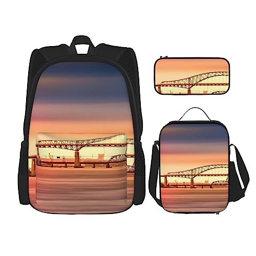 Newark Bay Bridge und Sonnenuntergang Rucksack Personalisierte Reisetasche mit Lunchtasche Federmäppchen Set von 3 Stück, Schwarz , Einheitsgröße, Daypack Rucksäcke von PEIXEN