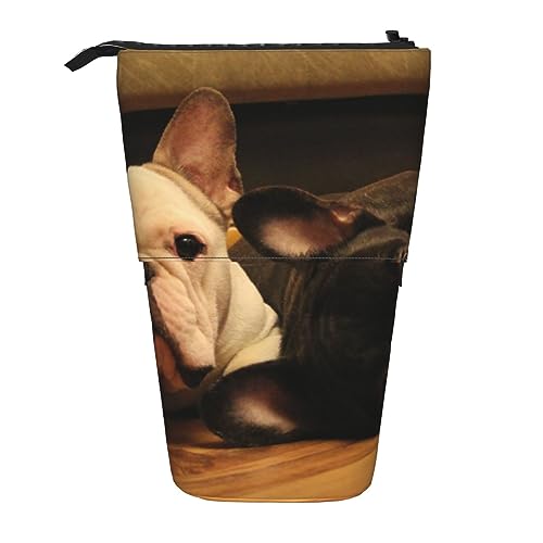 Niedliche französische Bulldogge Grafikdruck Federmäppchen Stehende Bleistifttasche Teleskop Stifthalter Niedliche Bleistifttasche Pop Up Bleistift Box Kosmetiktasche für Damen Herren, Schwarz , von PEIXEN