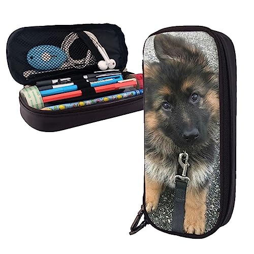 Niedlicher deutscher Schäferhund Welpe Bleistift Fall Große Kapazität Leder Bleistift Tasche Tragbare Bleistift Tasche mit Reißverschluss für Büro Organizer, Schwarz , Einheitsgröße, Reisen von PEIXEN