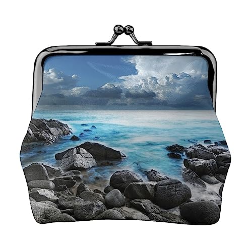 Ocean Pouring On Coastal Rocks Coin Purse Kiss Lock Change Purse Leather Change Pouch Small Women Wallet Bag for Gifts, Schwarz , Einheitsgröße, Münzbeutel von PEIXEN