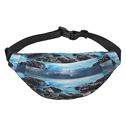 Ocean Pouring On Coastal Rocks Fanny Pack Leichte Hüfttasche für Damen Herren Gürteltasche Reise Sling Bag für Wandern Laufen Radfahren, Schwarz , Einheitsgröße, Lässiger Tagesrucksack von PEIXEN