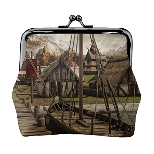 Old Viking Boat Coin Purse Kiss Lock Change Purse Leather Change Pouch Small Women Wallet Bag for Gifts, Schwarz , Einheitsgröße, Münzbeutel von PEIXEN