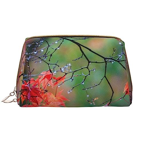 PEIXEN Dew on Red Leaves Make-up-Tasche PU-Leder Reise Kosmetiktasche Tragbare Reißverschluss Kulturbeutel Aufbewahrungstasche Für Frauen, Weiß, Einheitsgröße, weiß, Einheitsgröße von PEIXEN