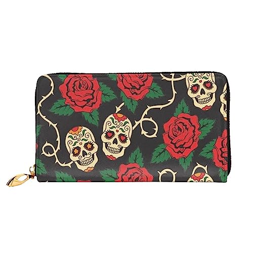 PEIXEN Geldbörse aus Leder mit Rosen- und Totenkopf-Motiv, Kreditkartenetui, Reißverschluss, lange Geldbörse für Handy, Clutch, Schwarz , Einheitsgröße von PEIXEN