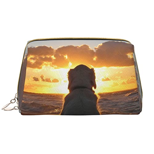 PEIXEN Hund und Sonnenuntergang Make-up Tasche PU Leder Reise Kosmetiktasche Tragbare Reißverschluss Kulturbeutel Aufbewahrungstasche Für Frauen, Weiß, Einheitsgröße, weiß, Einheitsgröße von PEIXEN