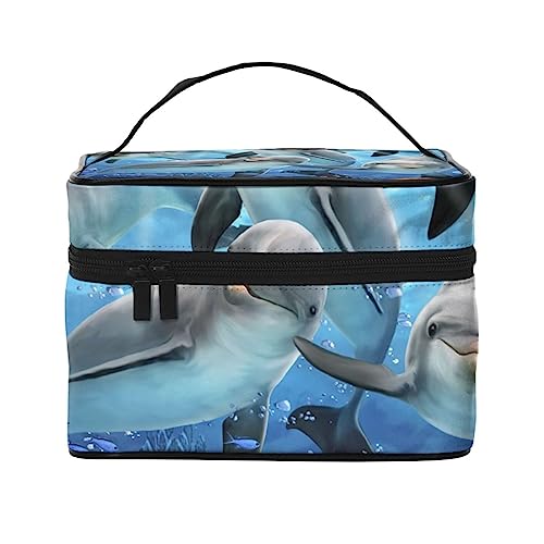 PEIXEN Kosmetiktasche mit Delfin im Korallenriff, tragbar, Kulturbeutel, Aufbewahrung, Organizer, Reise-Make-up-Tasche für Frauen, Schwarz, Einheitsgröße, Schwarz , Einheitsgröße von PEIXEN