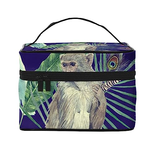 PEIXEN Kosmetiktasche mit niedlichem Affenpfau, tragbar, Kulturbeutel, Aufbewahrung, Organizer, Reise-Make-up-Tasche für Frauen, schwarz, Einheitsgröße, Schwarz , Einheitsgröße von PEIXEN