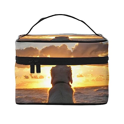 PEIXEN Make-up-Tasche mit Hund und Sonnenuntergang, Kosmetiktasche, tragbare Kulturtasche, Aufbewahrung, Organizer, Reise-Make-up-Tasche für Frauen, Schwarz, Einheitsgröße, Schwarz , Einheitsgröße von PEIXEN