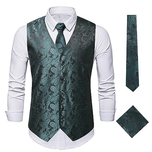 PEIXEN Mode Weste Für Herren Urban Brünieren Anzugweste Mit Krawatte Tracht Weste Für Herren Slim Fit V-Ausschnitt Basic Weste Ärmellos Business Weste Herren G-Green S von PEIXEN