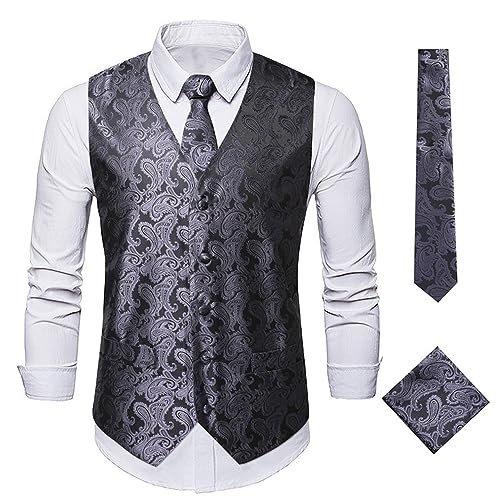 PEIXEN Mode Weste Für Herren Urban Brünieren Anzugweste Mit Krawatte Tracht Weste Für Herren Slim Fit V-Ausschnitt Basic Weste Ärmellos Business Weste Herren I-Dark Grey S von PEIXEN