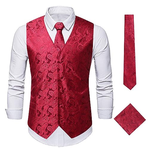 PEIXEN Mode Weste Für Herren Urban Brünieren Anzugweste Mit Krawatte Tracht Weste Für Herren Slim Fit V-Ausschnitt Basic Weste Ärmellos Business Weste Herren J-Wine Red XL von PEIXEN