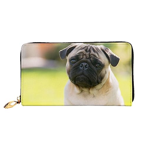 PEIXEN Mops in The Garden Leder Geldbörse Kreditkartenetui Geldbörse Reißverschluss um Lange Münzbörse Handy Clutch, Schwarz , Einheitsgröße von PEIXEN