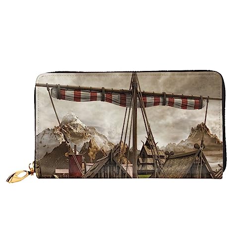 PEIXEN Old Viking Boat Leder Geldbörse Kreditkartenetui Geldbörse Reißverschluss um Lange Münzbörse Telefon Kupplung Schwarz One Size, Schwarz , Einheitsgröße von PEIXEN