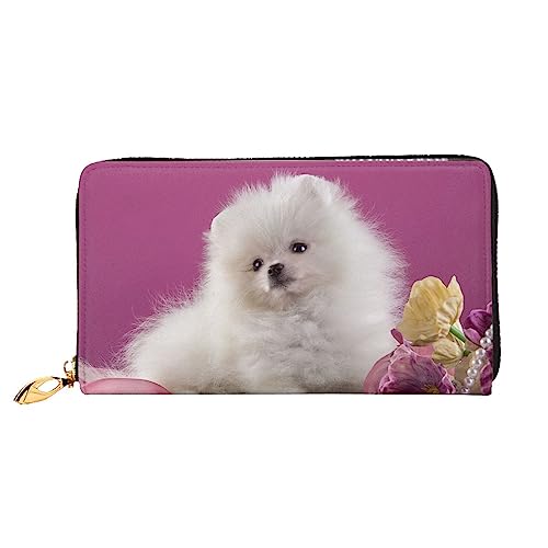 PEIXEN Pomeranian and flowers Leather Wallet Credit Card Holder Purse Zip Around Long Coin Purse Phone Clutch, Black, One Size, Schwarz , Einheitsgröße von PEIXEN