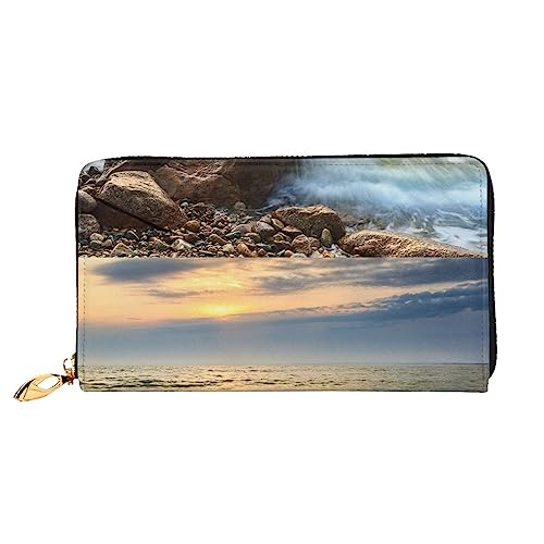 PEIXEN Rocky Wave Sonnenuntergang Malerei Leder Brieftasche Kreditkartenhalter Geldbörse Reißverschluss Rund Lange Geldbörse Telefon Kupplung, Schwarz , Einheitsgröße von PEIXEN