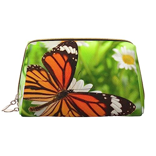 PEIXEN Schmetterling auf Gänseblümchen Blume Make-up Tasche PU Leder Reise Kosmetiktasche Tragbare Reißverschluss Kulturbeutel Aufbewahrungstasche Für Frauen, Weiß, Einheitsgröße, weiß, Einheitsgröße von PEIXEN