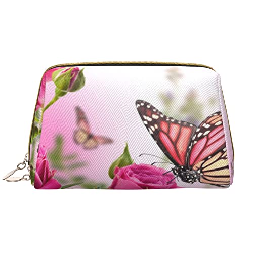 PEIXEN Schmetterling küssende Blumen Make-up Tasche PU Leder Reise Kosmetiktasche Tragbare Reißverschluss Kulturbeutel Aufbewahrungstasche Für Frauen, Weiß, Einheitsgröße, weiß, Einheitsgröße von PEIXEN