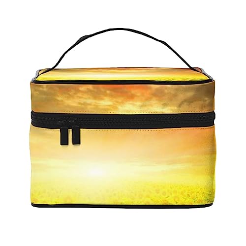 PEIXEN Sunset Of A Sunflower Field Make-up-Tasche, Kosmetiktasche, tragbare Kulturtasche, Aufbewahrung, Organizer, Reise-Make-up-Tasche für Frauen, Schwarz, Einheitsgröße, Schwarz , Einheitsgröße von PEIXEN