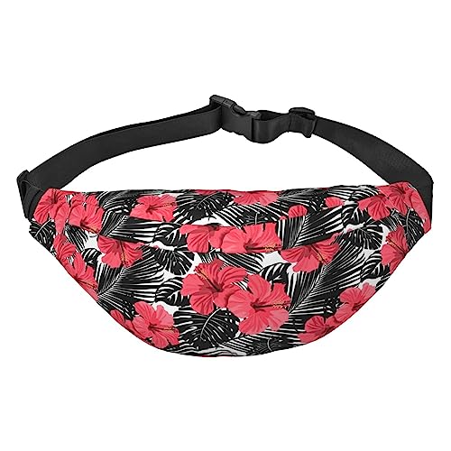 Red Hibiscus Fanny Pack Leichte Hüfttasche für Damen Herren Gürteltasche Reise Sling Bag für Wandern Laufen Radfahren, Schwarz , Einheitsgröße, Lässiger Tagesrucksack von PEIXEN