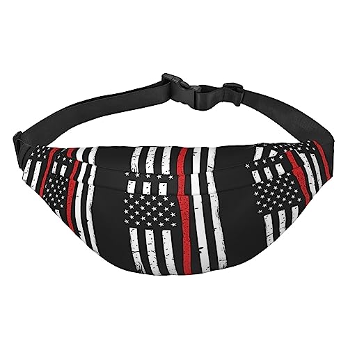 Red Line Feuerwehrmann USA Flagge Bauchtasche Leichte Hüfttasche für Damen Herren Gürteltasche Reise Sling Bag für Wandern Laufen Radfahren, Schwarz , Einheitsgröße, Lässiger Tagesrucksack von PEIXEN