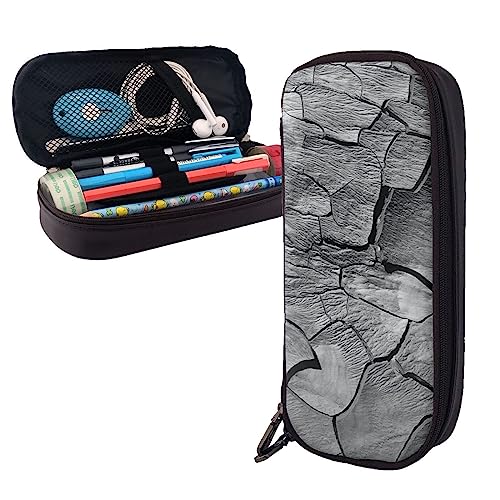 Risse auf trockenem Boden Bleistift Fall Große Kapazität Leder Bleistift Beutel Tragbare Bleistift Tasche mit Reißverschluss für Büro Organizer, Schwarz , Einheitsgröße von PEIXEN