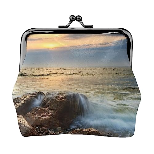 Rocky Wave Sunset Painting Coin Purse Kiss Lock Change Purse Leather Change Pouch Small Women Wallet Bag for Gifts, Black, One Size, Fashion, Schwarz , Einheitsgröße, modisch von PEIXEN