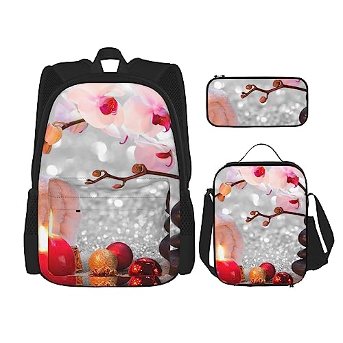 Rosa Orchidee Stein Rote Kerzen Rucksack Personalisierte Reisetasche Mit Mittagessen Tasche Federmäppchen Set von 3 Stück, Schwarz , Einheitsgröße, Daypack Rucksäcke von PEIXEN