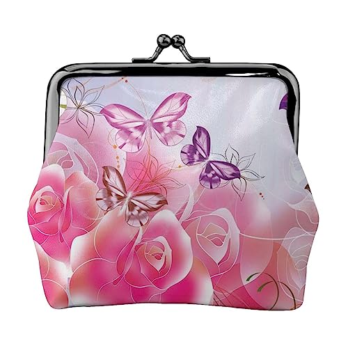 Rosa Rosen und Schmetterlinge Münze Geldbörse Kiss Lock Change Geldbörse Leder Kleingeld Pouch Kleine Frauen Brieftasche Tasche für Geschenke, Schwarz , Einheitsgröße, Münzbeutel von PEIXEN