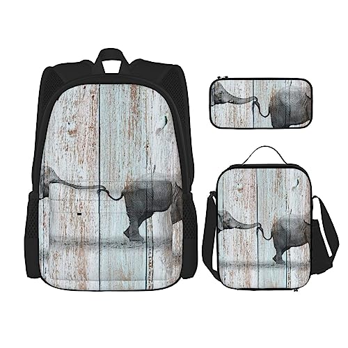 Rucksack Elefant auf Holz personalisiert Reisetasche mit Lunchtasche Federmäppchen Set von 3 Stück, Schwarz , Einheitsgröße, Daypack Rucksäcke von PEIXEN