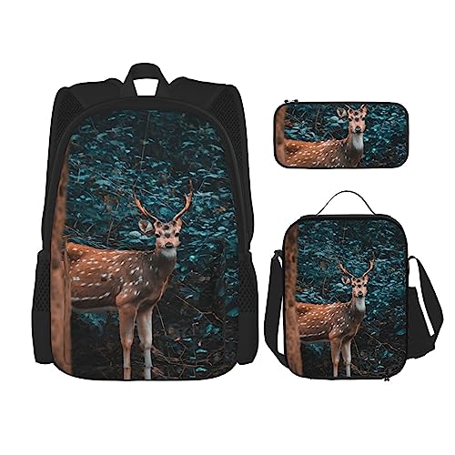 Rucksack Hirsch im Wald, personalisiert, Reisetasche mit Lunch-Tasche, Federmäppchen, 3-teiliges Set, Schwarz , Einheitsgröße, Daypack Rucksäcke von PEIXEN